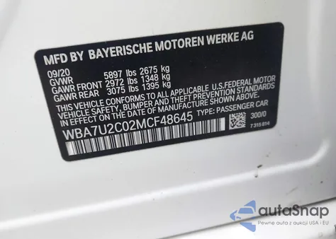 2021 BMW 750 Xi z USA, uszkodzony, nr VIN WBA7U2C02MCF48645